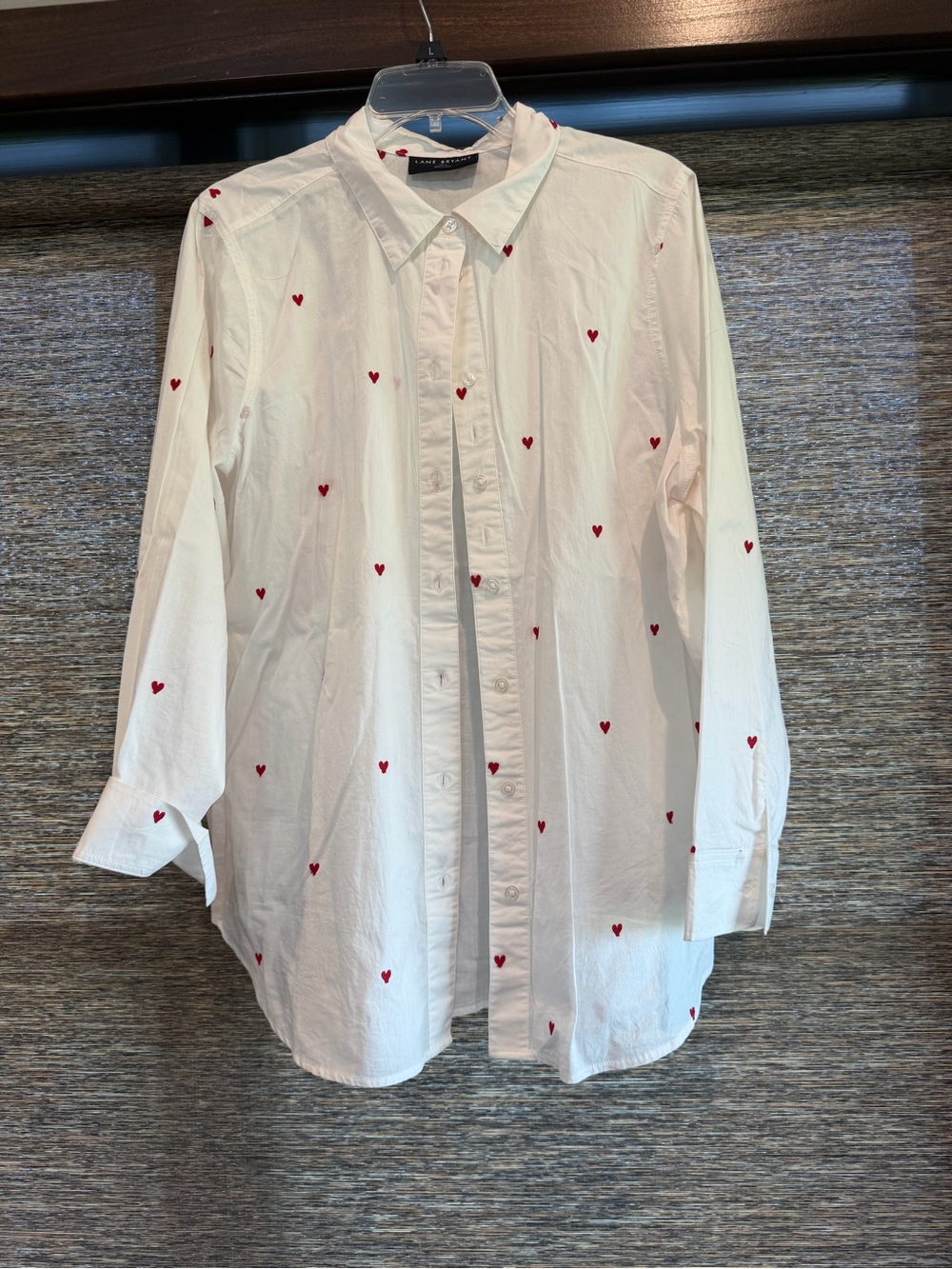 Lane Bryant White Button-Up Shirt with Red Heart Motif